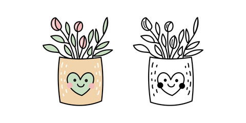 Potted flowers with heart design in colored and outline style