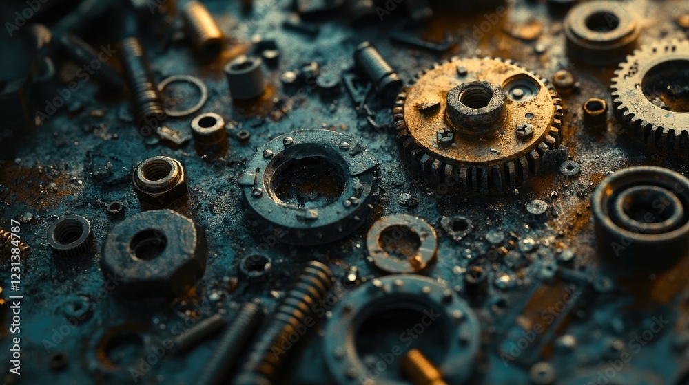Poster a close-up shot of nuts, bolts, and washers scattered on a surface, creating a detailed and textured