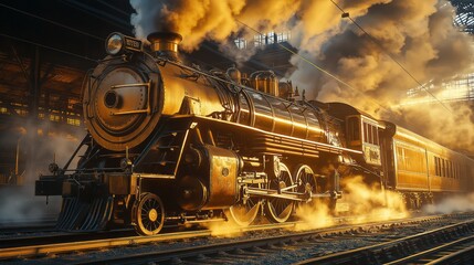 Naklejka premium vintage steam locomotive wheels gleaming in sunlight with billowing steam around them