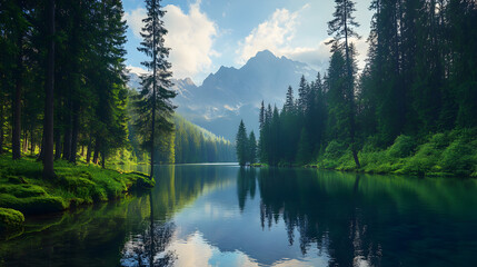 surrounded by tall pine trees with a reflection of the mountains on the water 