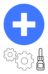 Blue circle with white cross, three black gears of varying sizes, and a black and white dropper bottle. Ideal for health, repair, maintenance, technology, medical tools, healthcare service