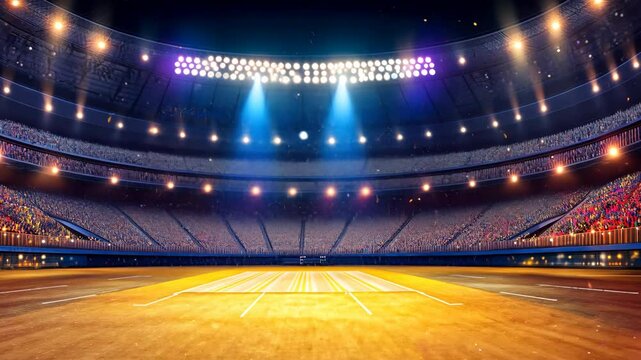 Brightly lit sports stadium ready for an exciting tournament night with cheering fans