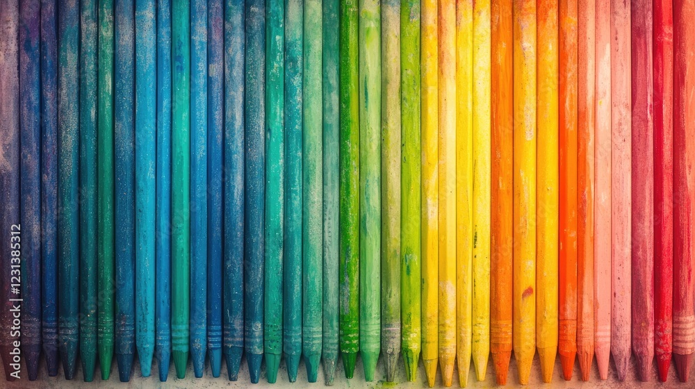 Poster A collection of rainbow-colored crayons in a box, arranged neatly on a flat surface, creating a playful and colorful atmosphere for art and design themes