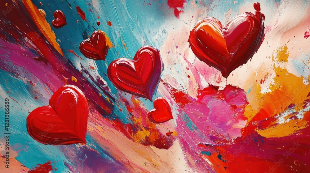 Poster a colorful and dynamic abstract background with bright red hearts, perfect for evoking love and pass