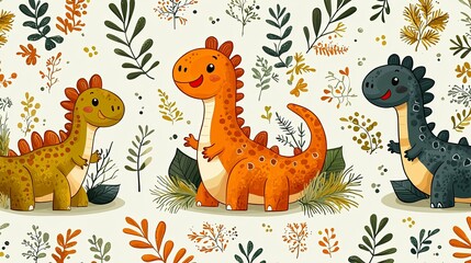 Adorable Cartoon Dinosaurs in a Playful Garden Illustration