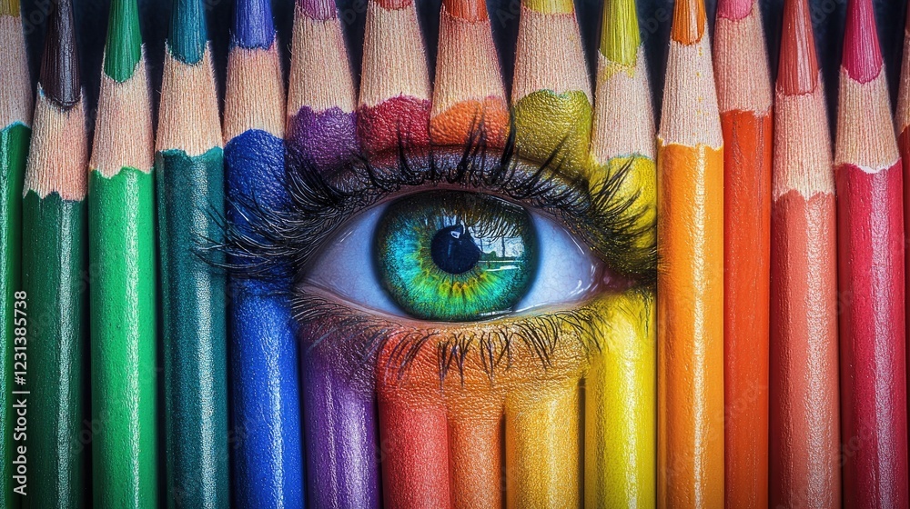 Poster A colorful array of crayons from a box arranged in a rainbow gradient, ideal for creative, artistic, or childhood education themes