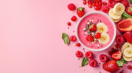 A vibrant smoothie bowl topped with bananas, raspberries, and strawberries, surrounded by fresh berries on a pink background.