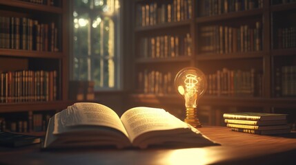 A cozy library interior with an open book illuminated by a warm light bulb, offering a calm and inviting environment for reading and study