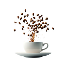 Obraz premium A cup of coffee with flying beans isolated on a transparent background, in PNG format