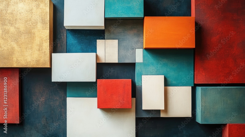 Poster a creative arrangement of abstract boxes, each with different colors and textures, symbolizing innov