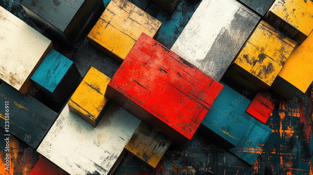 Poster a creative arrangement of abstract boxes, each with different colors and textures, symbolizing innov