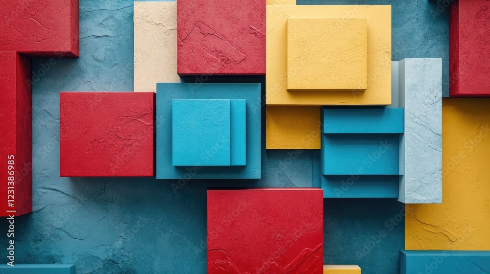Poster a creative arrangement of abstract boxes, each with different colors and textures, symbolizing innov