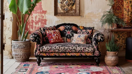Photo sur Plexiglas Bohemian Chic Living Room Interior with Ornate Sofa and Colorful Textiles