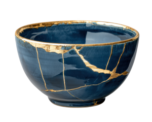 beautiful blue ceramic bowl featuring kintsugi art, showcasing gold repairs that highlight its unique character and craftsmanship. This piece embodies elegance and artistry