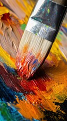 Fototapeta premium Brightly Colored Paint Brush Blending on Canvas in Artistic Creation