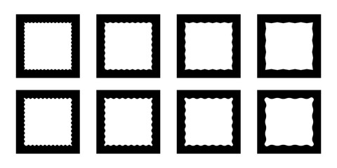 Zigzag edge square frames collection. Jagged sticker or stamp set with wavy edges