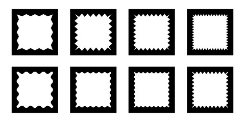 Zigzag edge square frames collection. Jagged sticker or stamp set with wavy edges