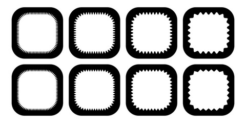 Zigzag edge rounded square frames collection. Jagged sticker or stamp set with wavy edge