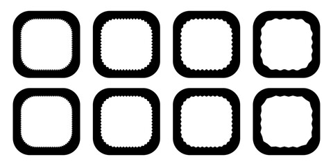 Zigzag edge rounded square frames collection. Jagged sticker or stamp set with wavy edge