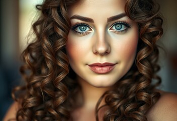 Fototapeta premium Beautiful chubby woman with long curly hair and bright blue eyes