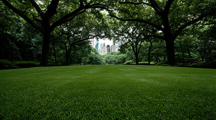 Obraz premium Cityscape view through park trees, green lawn, urban oasis