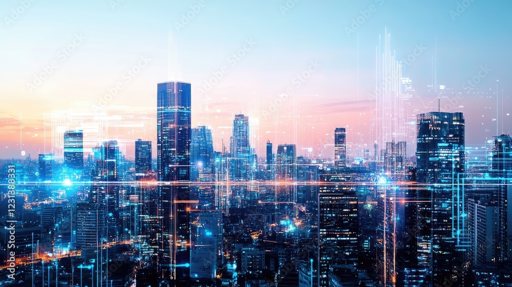 Aufkleber a digital representation of a high-tech futuristic city with integrated robotic systems and smart te