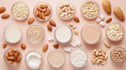 A colorful array of nuts, seeds, and plant-based milks arranged in glass containers against a soft pink background, emphasizing healthy dietary choices.