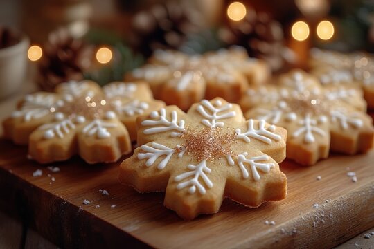 Gingerbread Cookies with Snowflake Icing and Festive Decorations on Rustic Wooden Surface