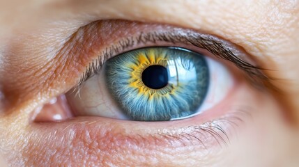 Fototapeta premium A striking close-up of a human eye with a brilliant blue iris, highlighted by golden and brown accents, conveying depth and individuality.