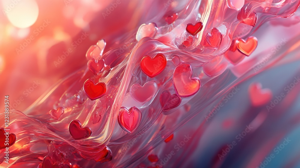 Poster a dreamy generative ai design featuring red and pink hearts, creating a romantic background for vale
