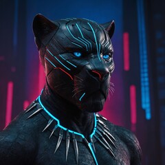 A cyberpunk-inspired black panther logo with neon blue and red highlights, set against a futuristic gradient background.