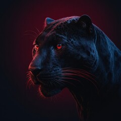 A sleek, minimalist panther logo with smooth, curved lines and a high-contrast deep crimson-to-midnight blue background.