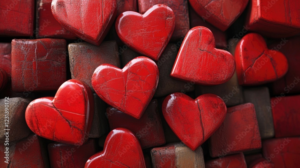 Poster a dynamic, 3d rendered background of red heart blocks stacked together, representing love, warmth, a