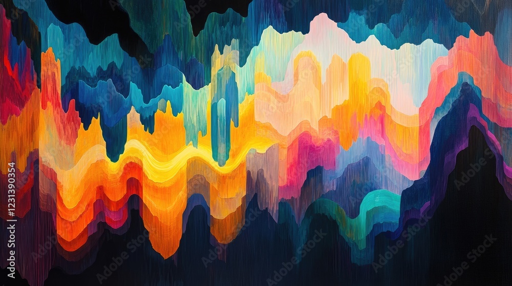Poster A dynamic and colorful abstract landscape composed of vertical shapes, symbolizing sound waves and topographical features in bright hues