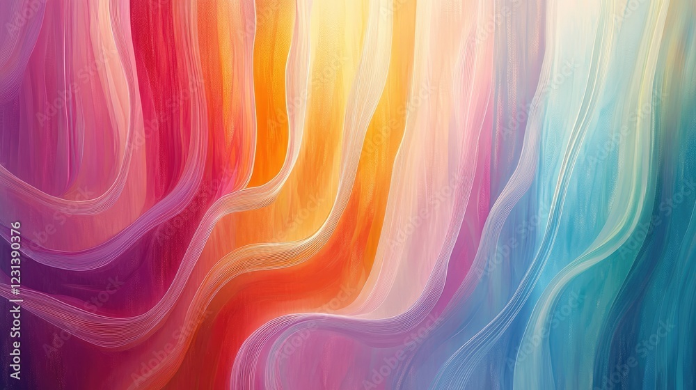 Poster A dynamic and colorful abstract landscape composed of vertical shapes, symbolizing sound waves and topographical features in bright hues
