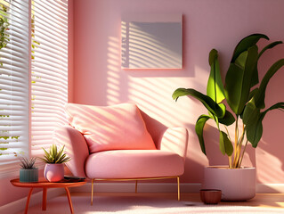 A cozy pink interior featuring a plush sofa, decorative plants, and soft sunlight streaming through slatted blinds, creating a serene atmosphere.