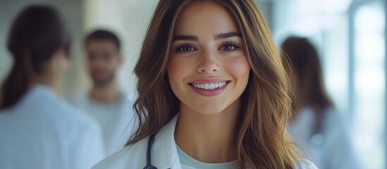 Smiling doctor, clinic hallway, colleagues blurred