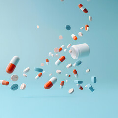 Assorted colorful pills and capsules spilling from open container against blue background.