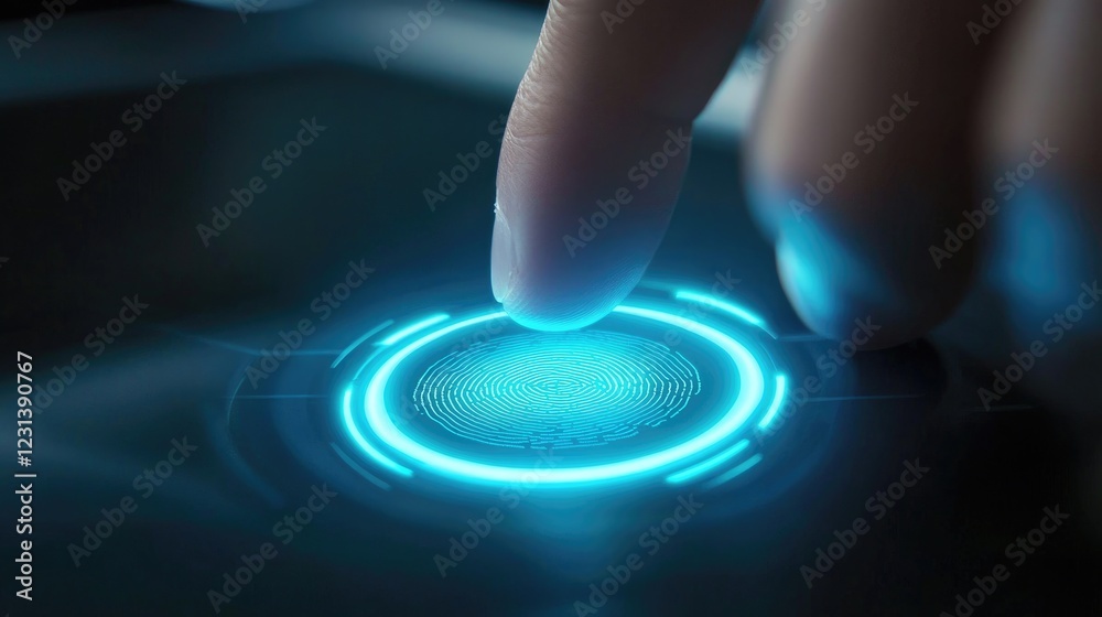 Leinwandbilder A fingerprint scan button being activated, representing secure access control and modern encryption technology for identity verification and e-signatures