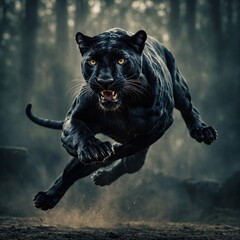 A panther mid-leap, claws extended, with a motion blur effect, symbolizing power and agility against a moody gaming backdrop.