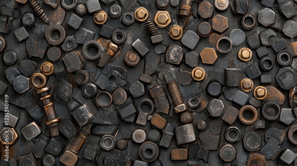 Poster a flat lay of nuts and bolts arranged to form an industrial or engineering-themed texture, ideal for