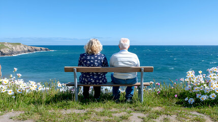 Fototapeta premium Senior couple enjoys coastal view, flowers blooming, sunny day, relaxation