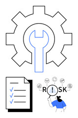 Gear with wrench highlights technical fixes, checklist symbolizes tasks, and risk analysis identifies hazards. Ideal for project management, strategy, quality control, business stability metaphors