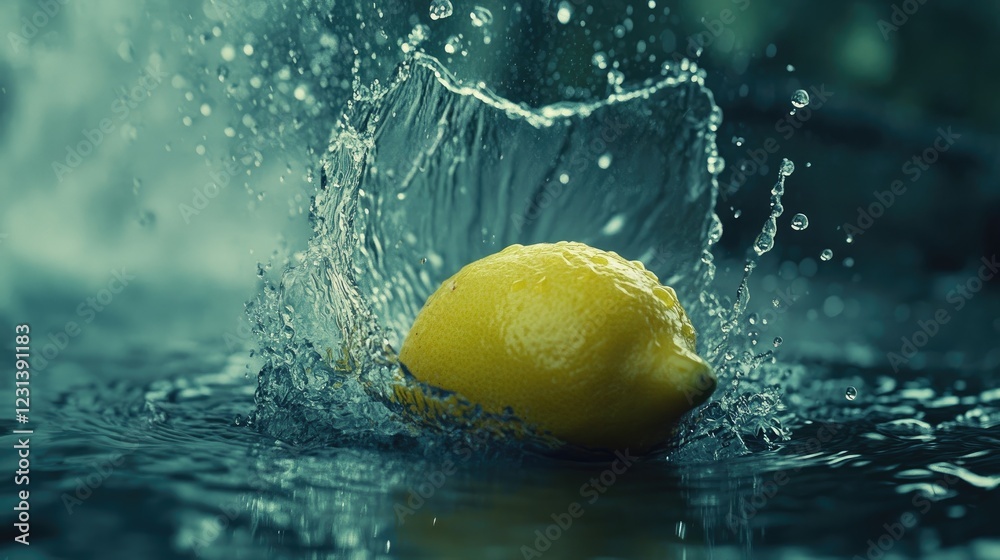 Aufkleber A fresh lemon falling into water, creating a splash, with droplets and splashes captured in motion, evoking freshness and vitality