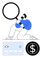 Man holding magnifying glass studies a credit card, analyzing finances near a dollar emblem. Ideal for finance, security, investment, credit checks, budgeting, digital banking, abstract line flat