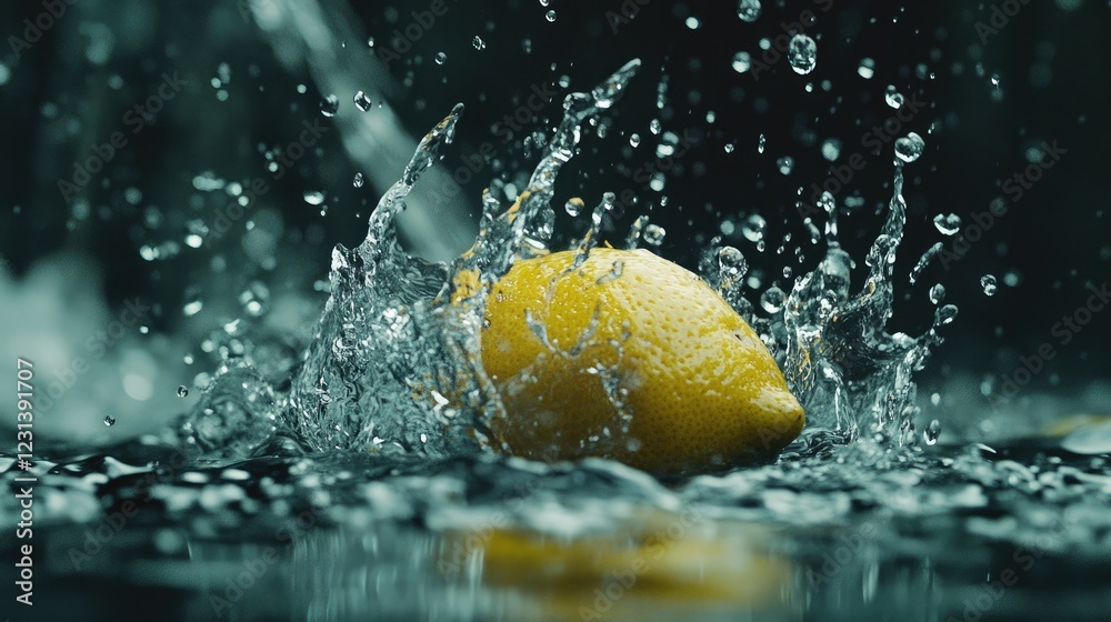 Poster a fresh lemon falling into water, creating a splash, with droplets and splashes captured in motion, 