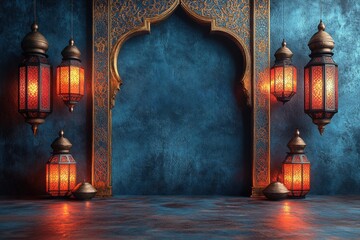 Obraz premium Interior room design featuring blue wall and gold archway with modern decor elements