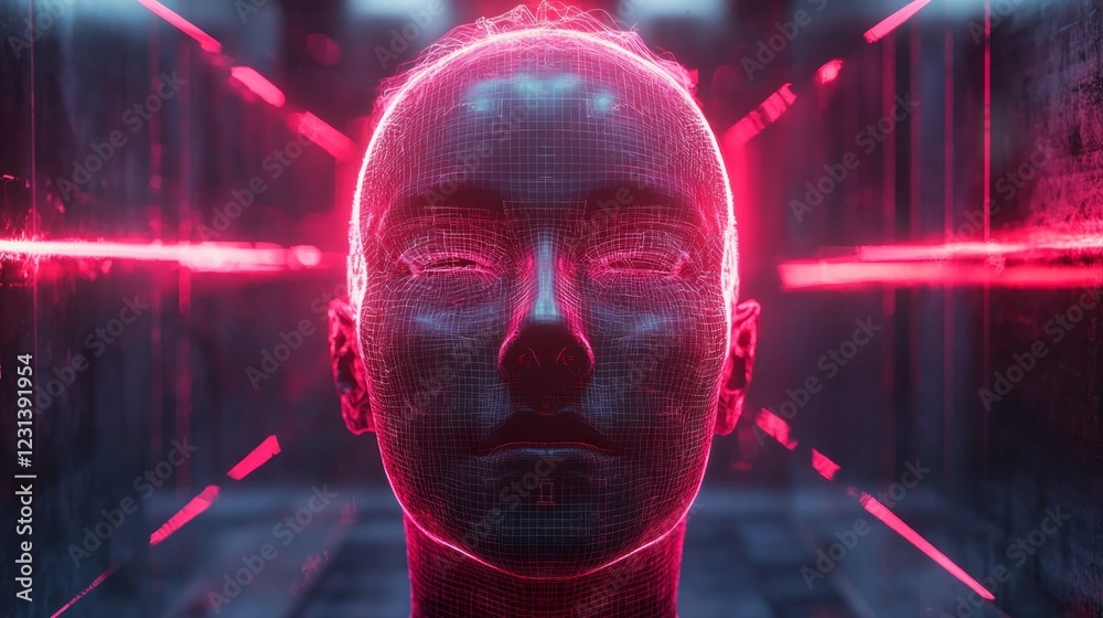 Poster a stunning digital representation showcases a human-like figure composed of luminous neon lines, sur