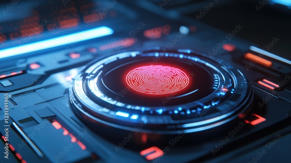 Poster A futuristic fingerprint scan button being pressed, evoking themes of digital security, authentication, and the future of identity verification systems