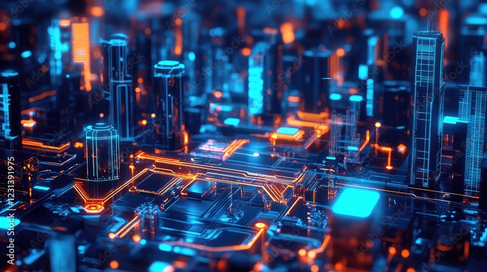 Poster a futuristic city with robotic systems and smart technology elements, showcasing the advanced design